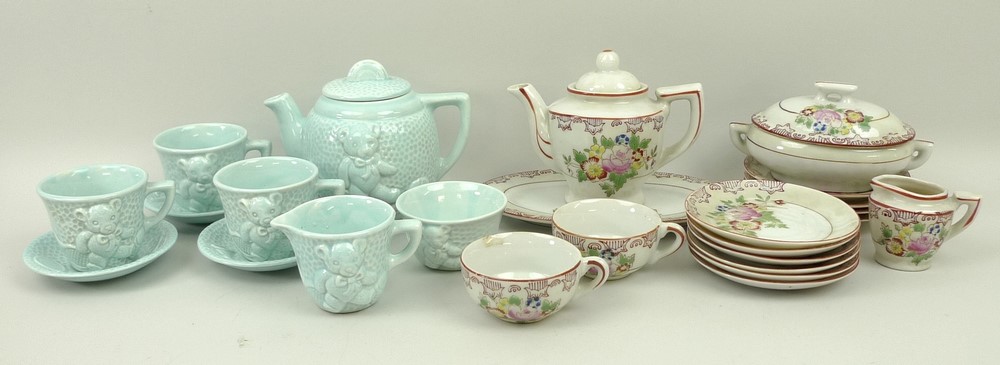 A children's porcelain part tea service, mid 20th century, comprising; tea pot, two cups, milk jug,