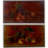 A pair of oils on panel, still life, one depicting peaches and plums, the other grapes, apples and