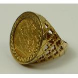 A 9ct gold ring set with a Victoria head sovereign, 1898, size P, 10.4g.