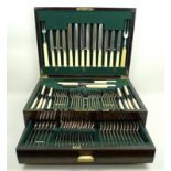 A Dyson & Sons plated canteen of cutlery, mahogany cased, comprising; six table spoons, twelve