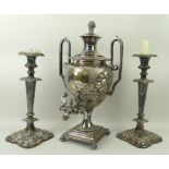 A Victorian plated tea urn and cover of baluster form embossed with agricultural produce, reserve