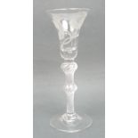 A George II wine glass, circa 1750, the bell shaped bowl engraved with a rose and two buds, oak