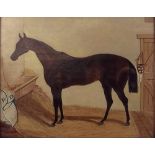 English School (19th century and later): A brown gloss horse in a stable, oil on board, bears