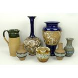 A quantity ceramics comprising a Royal Doulton China Slaters vase, 22cm high, slender neck vase,