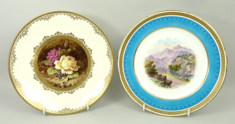 A Mintons porcelain plate, early 20th century, painted by F K Chiver with roses, gilt highlighted,