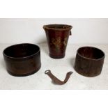A Victorian leather fire bucket, with applied Royal Coat of Arms, a/f, leather handle present but