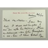 A signed note card from Mr John Mills CBE dated 20th November 1974 to a Mr Eaton giving his excuses