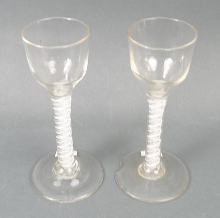 A pair of George III cordial glasses, circa 1780, the pan tops above a straight double opaque twist - Image 3 of 4