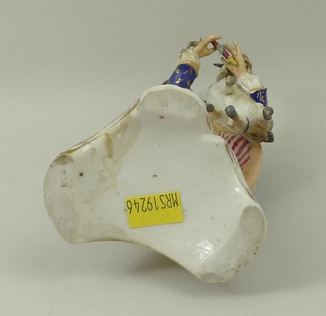 A Sitzendorf porcelain figure, late 19th century, modelled as a boy holding a goat and pan pipes, - Image 3 of 3