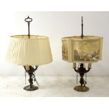 Two 20th century Continental brass table lamps, one with two lights, the other with three, larger