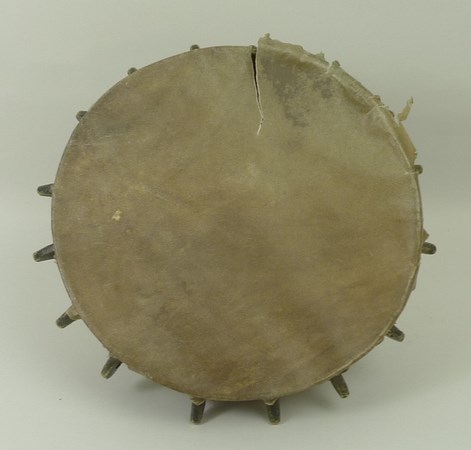 A 19th century brass falconer's drum, Near Eastern, of spoked inverted bell form with a skin cover, - Image 3 of 3