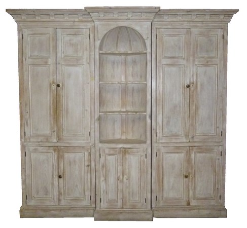 A Georgian pine lime washed breakfront cabinet,