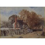 Myles Birket Foster RWS (British, 1825-1899): 'Lane near Witley Surrey', with a thatched cottage,