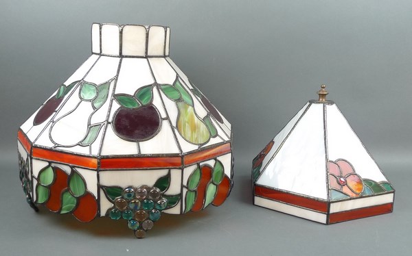 A 1950's ceiling light composed of stained glass of decagonal form, 38 by 32cm,