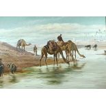 A modern oil on canvas of camels by a Wadi, 68 by 98cm.