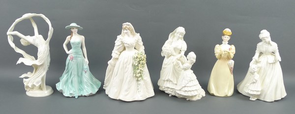 A group of Royal Worcester porcelain figures; comprising; The Wedding Day, Mothering Sunday, Serena,