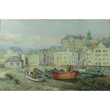 William Blamire (British): boats in a French harbour at low tide, watercolour, signed lower left,