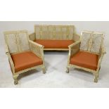 A white painted bergere three piece suite, 155 by 70 by 82cm high.