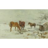 Charles Collins (British 1851-1921): Horses and rabbits grazing in winter, watercolour,