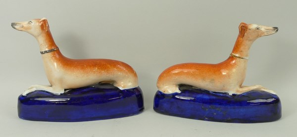 A pair of Staffordshire pottery greyhound inkwells, mid 19th century, - Image 2 of 3