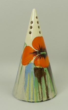 A Clarice Cliff Bizarre conical sugar shaker painted in the 'Delicia Poppy' pattern, printed mark, - Image 2 of 4