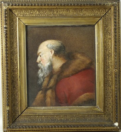 A 19th century portrait study of a gentleman scholar wearing a red coat with fur trim, watercolour, - Image 2 of 3