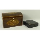 A George III mahogany dome topped tea caddy inlaid to the top with a butterfly,