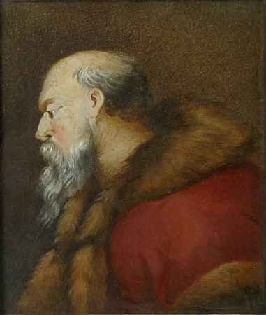 A 19th century portrait study of a gentleman scholar wearing a red coat with fur trim, watercolour,