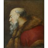 A 19th century portrait study of a gentleman scholar wearing a red coat with fur trim, watercolour,