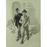 J Milner: Two city gentlemen in early 20th century suits, with pigeons in the background,
