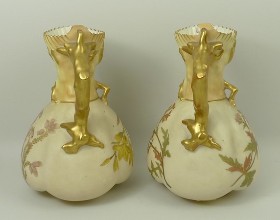 A pair of Royal Worcester blush ivory jugs, shape 1507, decorated with sprigs of spring flowers, - Image 3 of 4