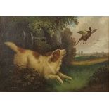 Robert Cleminson (British, fl 1864-1903): Gun dog chasing a pheasant out of a wood, oil on canvas,