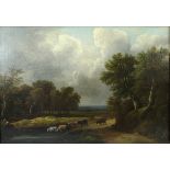 British (Norwich) School: a rural landscape, with cattle going to water, oil on canvas, 20 by 28cm.