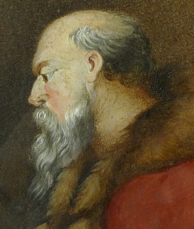 A 19th century portrait study of a gentleman scholar wearing a red coat with fur trim, watercolour, - Image 3 of 3