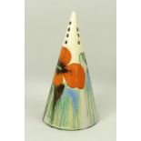 A Clarice Cliff Bizarre conical sugar shaker painted in the 'Delicia Poppy' pattern, printed mark,