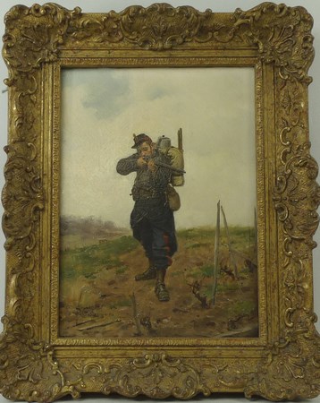 Paul Louis Narcisse Grolleron (French, 1848-1901): Soldier taking aim, oil on board, - Image 2 of 5