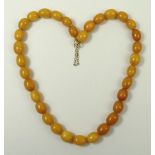 A butterscotch amber bead necklace, thirty three beads, 16g, on a gold clasp.