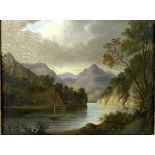 English School: an 18th century highland landscape with a boat on the lake, oil on board,
