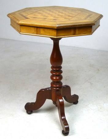 A parquetry games table, with an octagonal top, raised on a turned column and tripod base, - Image 2 of 3