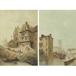 A pair of 19th century watercolours, the one of a wharf scene, possibly in Northern France,