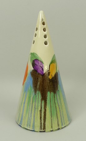 A Clarice Cliff Bizarre conical sugar shaker painted in the 'Delicia Poppy' pattern, printed mark, - Image 3 of 4