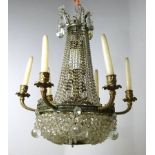 A brass framed cut glass six branch six branch bag chandelier, 51cm diameter by 60cm high.