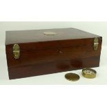 A Victorian mahogany military box with brass inlaid plaque engraved with the motto of the Royal