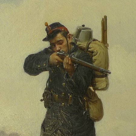 Paul Louis Narcisse Grolleron (French, 1848-1901): Soldier taking aim, oil on board, - Image 5 of 5