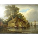 English (Norfolk) School: a waterside thatched cottage, with sailing boats, and figures,
