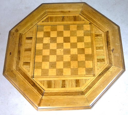 A parquetry games table, with an octagonal top, raised on a turned column and tripod base, - Image 3 of 3