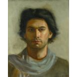 Warren Sealey: 'The Greek', a portrait of a young man against a buff background, oil on canvas,