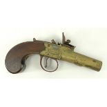 A late 18th century flintlock pistol with slab butt and engraved brass barrel, by P.