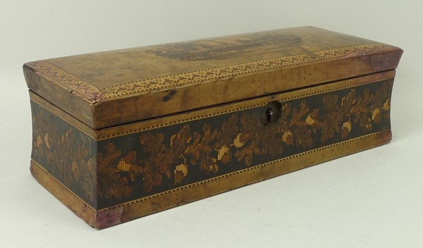 A Tunbridgeware box, late 19th century, of domed, rectangular section,