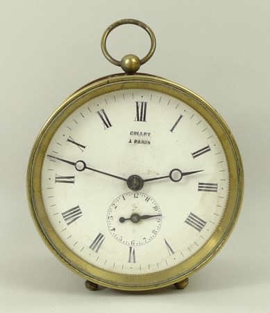 A French brass barrel cased alarm clock, Collet a Paris, 19th century,